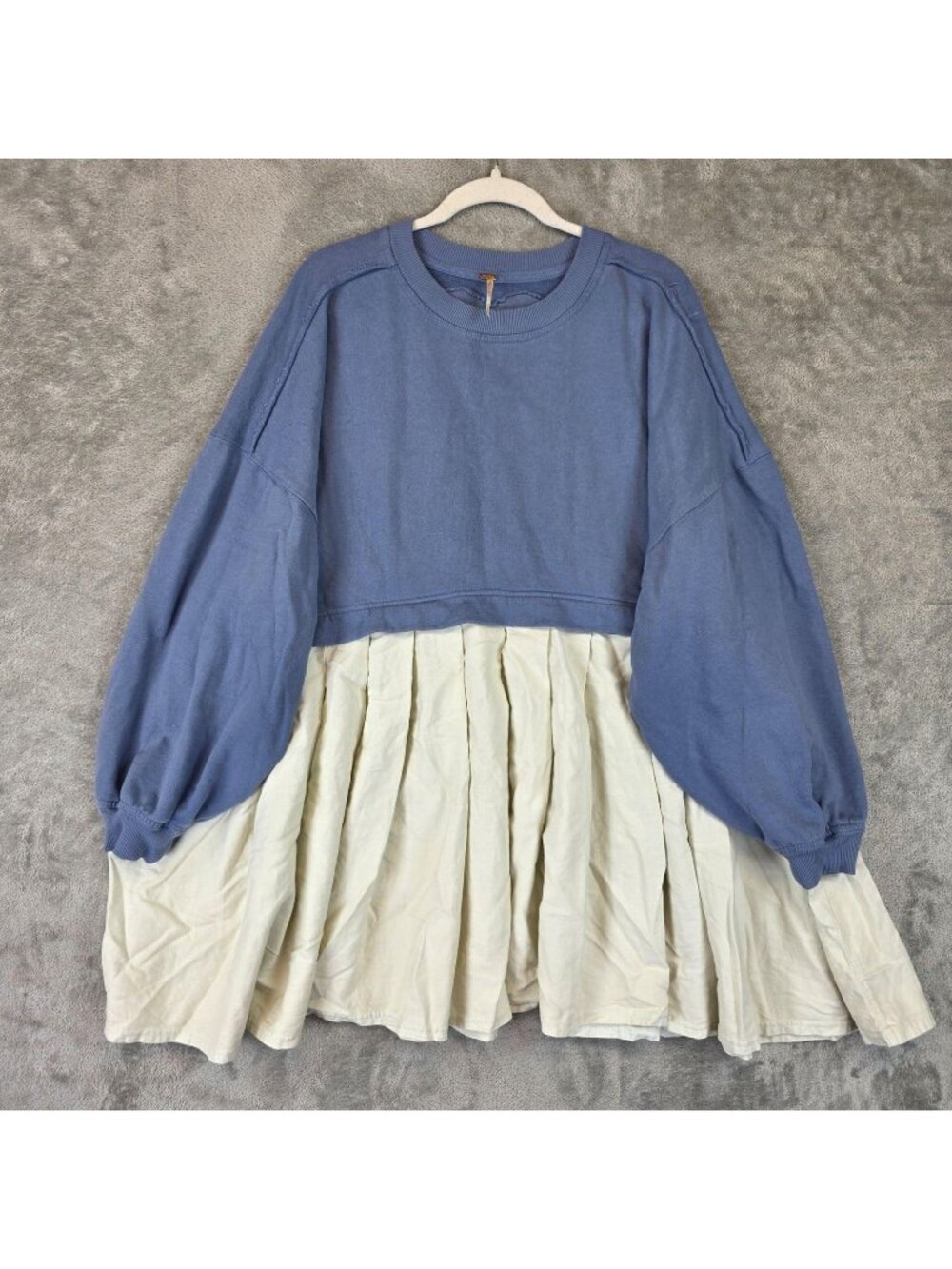 Free People Eleanor Dress Womens L Blue Colorblock Balloon Sleeve Pleated Mini